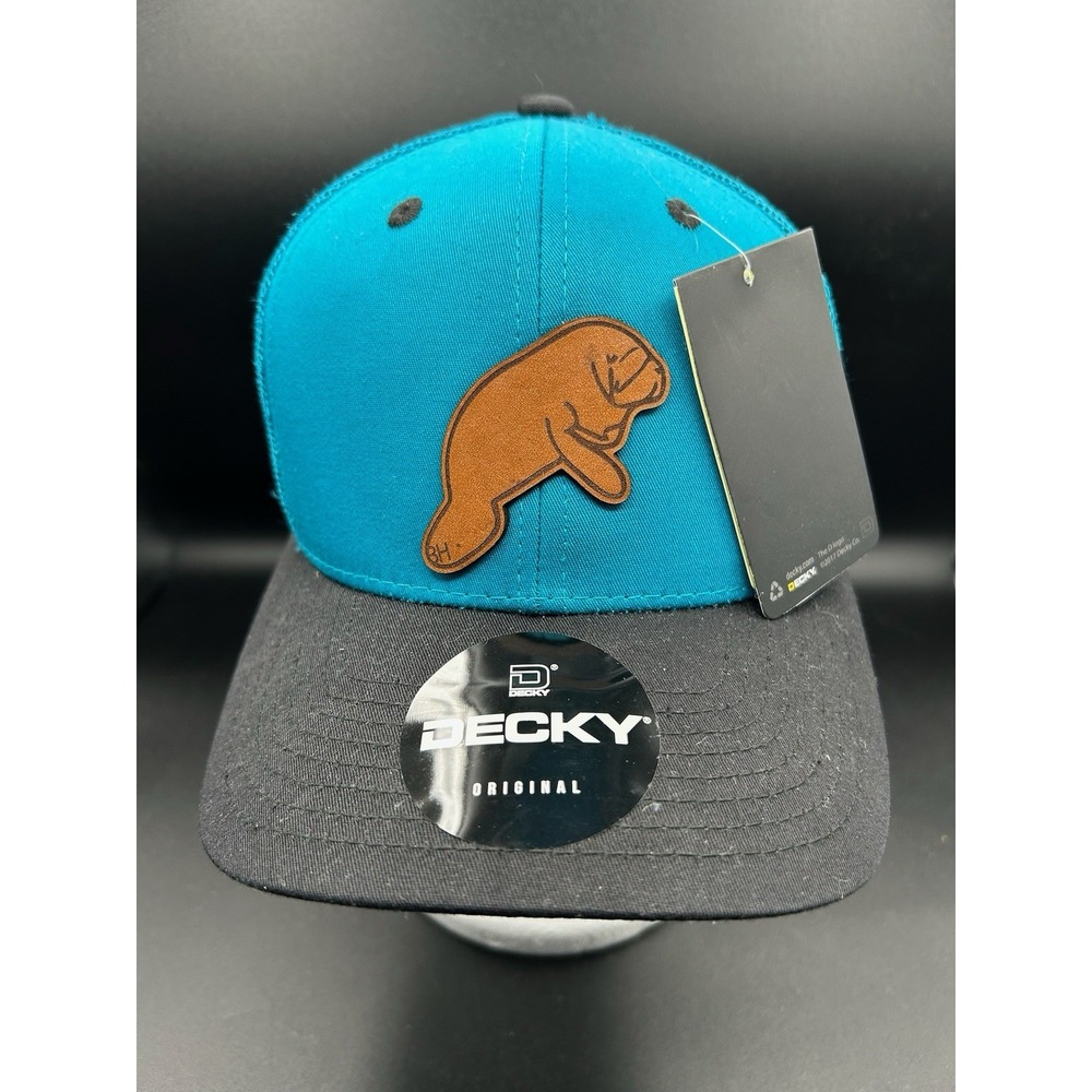 Decky Classic Snap Back Mesh Trucker Cap Blue Happy Manatee Monday